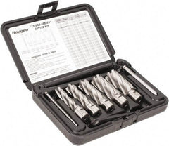 Hougen - 8 Piece, 9/16 to 1-1/16" Cutter Diam, 2" Cutting Depth, High Speed Steel Annular Cutter Set - Bright Finish, 3/4" Shank Diam, 9/16, 11/16, 13/16, 15/16, 1-1/16" Cutter Diams, 2 Flats on Shank - Americas Tooling