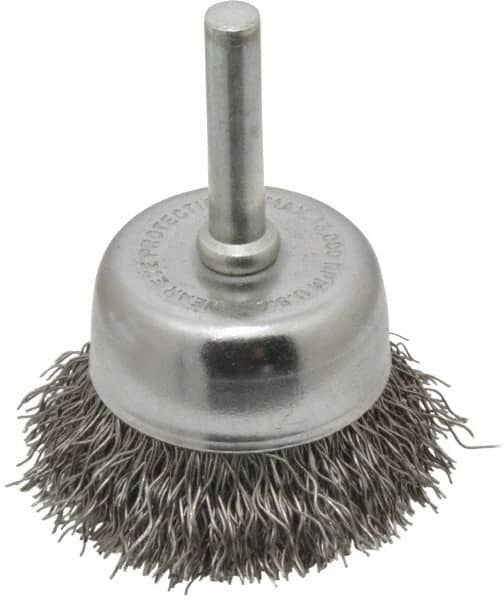 Made in USA - 1-3/4" Diam, 1/4" Shank Crimped Wire Steel Cup Brush - 0.014" Filament Diam, 3/4" Trim Length, 13,000 Max RPM - Americas Tooling