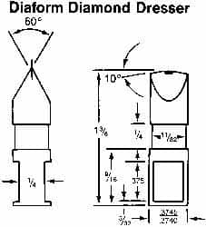 Made in USA - 0.015" Radius Single Point Diaform Diamond Dresser - 1-3/4" Long x 1/4" Shank Diam, 60° Included Angle - Americas Tooling