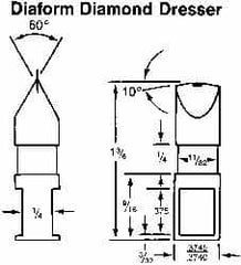 Made in USA - 0.015" Radius Single Point Diaform Diamond Dresser - 1-3/8" Long x 1/4" Shank Diam, 60° Included Angle - Americas Tooling