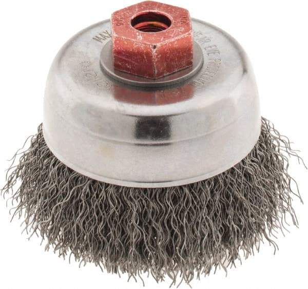 Weiler - 3" Diam, M10x1.50 Threaded Arbor, Steel Fill Cup Brush - 0.014 Wire Diam, 7/8" Trim Length, 14,000 Max RPM - Americas Tooling