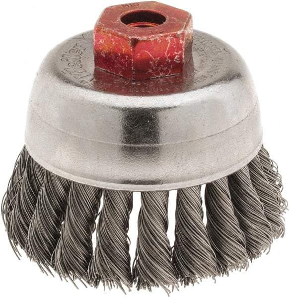 Weiler - 2-3/4" Diam, M10x1.50 Threaded Arbor, Steel Fill Cup Brush - 0.014 Wire Diam, 7/8" Trim Length, 14,000 Max RPM - Americas Tooling