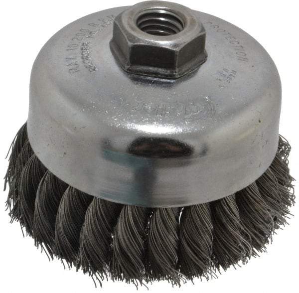 Weiler - 4" Diam, 5/8-11 Threaded Arbor, Steel Fill Cup Brush - 0.014 Wire Diam, 1-1/4" Trim Length, 9,000 Max RPM - Americas Tooling