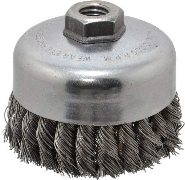 Weiler - 4" Diam, 5/8-11 Threaded Arbor, Steel Fill Cup Brush - 0.023 Wire Diam, 1-1/4" Trim Length, 9,000 Max RPM - Americas Tooling