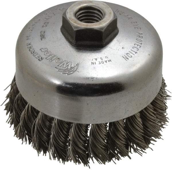 Weiler - 4" Diam, 5/8-11 Threaded Arbor, Stainless Steel Fill Cup Brush - 0.023 Wire Diam, 1-1/4" Trim Length, 9,000 Max RPM - Americas Tooling