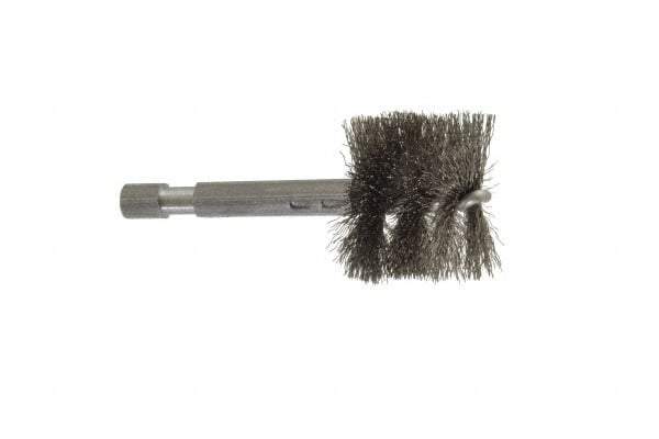 Made in USA - 1 Inch Inside Diameter, 1-1/8 Inch Actual Brush Diameter, Stainless Steel, Power Fitting and Cleaning Brush - 1/4 Shank Diameter, 2-3/4 Inch Long, Hex Shaft Stem - Americas Tooling