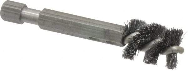 Made in USA - 3/8 Inch Inside Diameter, 1/2 Inch Actual Brush Diameter, Carbon Steel, Power Fitting and Cleaning Brush - 1/4 Shank Diameter, 2-3/4 Inch Long, Hex Shaft Stem - Americas Tooling