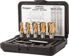 Hougen - 8 Piece, 9/16 to 1-1/16" Cutter Diam, 1" Cutting Depth, High Speed Steel Annular Cutter Set - TiN Finish, 3/4" Shank Diam, 9/16, 11/16, 13/16, 15/16, 1-1/16" Cutter Diams, 2 Flats on Shank - Americas Tooling