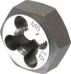 Interstate - M8x1.00 Metric Fine Thread, 11/16" Hex, Right Hand Thread, Hex Rethreading Die - Carbon Steel, 3/8" Thick - Exact Industrial Supply