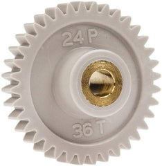 Made in USA - 24 Pitch, 1-1/2" Pitch Diam, 1.583" OD, 36 Tooth Spur Gear - 1/4" Face Width, 1/4" Bore Diam, 5/8" Hub Diam, 20° Pressure Angle, Acetal - Americas Tooling