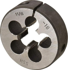 Interstate - 11/16-18 UNEF Thread, 2" Outside Diam High Speed Steel Round Die - Right Hand Thread, Adjustable - Exact Industrial Supply