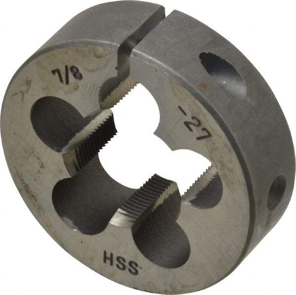 Interstate - 7/8-27 UNS Thread, 2" Outside Diam High Speed Steel Round Die - Right Hand Thread, Adjustable - Exact Industrial Supply