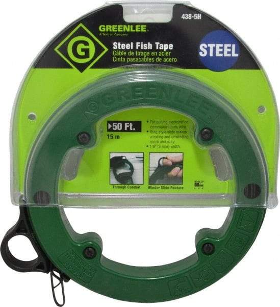 Greenlee - 50 Ft. Long x 1/8 Inch Wide, 3/64 Inch Thick, Steel Fish Tape - 400 Lb. Pulling Strength, Includes Case - Americas Tooling