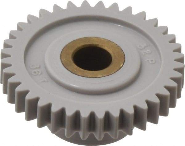 Made in USA - 32 Pitch, 1-1/8" Pitch Diam, 1-3/16" OD, 36 Tooth Spur Gear - 3/16" Face Width, 1/4" Bore Diam, 39/64" Hub Diam, 20° Pressure Angle, Acetal - Americas Tooling