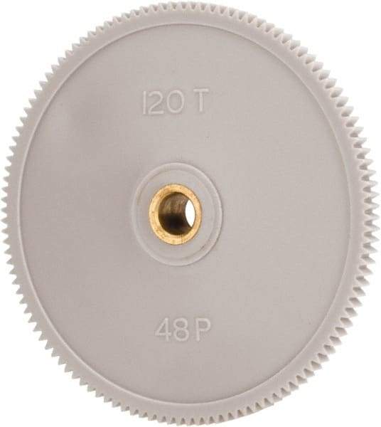 Made in USA - 48 Pitch, 2-1/2" Pitch Diam, 2.542" OD, 120 Tooth Spur Gear - 1/8" Face Width, 1/4" Bore Diam, 39/64" Hub Diam, 20° Pressure Angle, Acetal - Americas Tooling