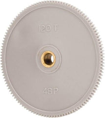 Made in USA - 48 Pitch, 2-1/2" Pitch Diam, 2.542" OD, 120 Tooth Spur Gear - 1/8" Face Width, 1/4" Bore Diam, 39/64" Hub Diam, 20° Pressure Angle, Acetal - Americas Tooling