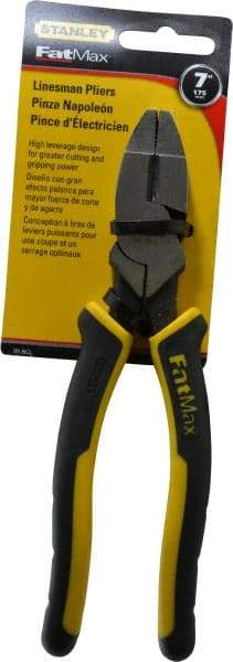 Stanley - 7-5/8" OAL, 1-1/2" Jaw Length x 1" Jaw Width, Side Cutting Linesman's Pliers - Serrated Jaw, Flat Nose Head, Bi-Material Cushion Grip Handles - Americas Tooling