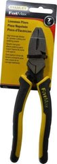 Stanley - 7-5/8" OAL, 1-1/2" Jaw Length x 1" Jaw Width, Side Cutting Linesman's Pliers - Serrated Jaw, Flat Nose Head, Bi-Material Cushion Grip Handles - Americas Tooling