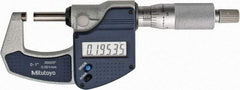 Mitutoyo - 0 to 1" Range, 0.0001" Resolution, Standard Throat, Electronic Outside Micrometer - 0.0001" Accuracy, Ratchet Stop Thimble, Carbide Face, SR44 Battery, Plastic Case, Includes NIST Traceable Certification of Inspection - Americas Tooling