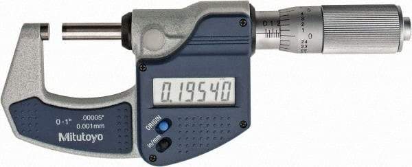 Mitutoyo - 0 to 1" Range, 0.0001" Resolution, Standard Throat, Electronic Outside Micrometer - 0.0001" Accuracy, Friction Thimble, Carbide Face, SR44 Battery, Plastic Case, Includes NIST Traceable Certification of Inspection - Americas Tooling