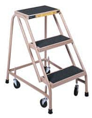 Gillis - 30" 3 Step Ladder - Rolling Steel Office Ladder, 300 Lb Capacity, 30" Platform Height, 24" Base Width x 27" Depth, Rubber Matted - Americas Tooling