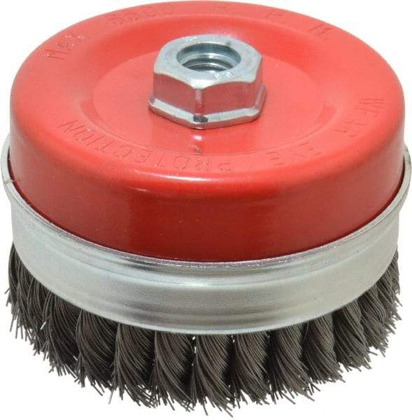 Value Collection - 4-3/8" Diam, 5/8-11 Threaded Arbor, Steel Fill Cup Brush - 0.02 Wire Diam, 6,500 Max RPM - Americas Tooling