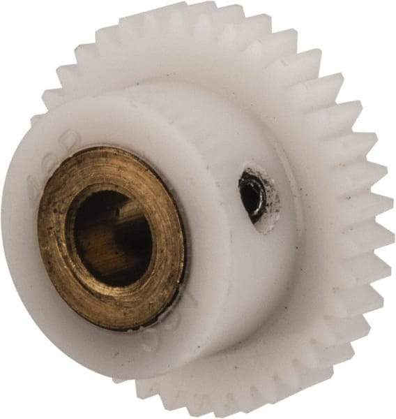 Made in USA - 48 Pitch, 0.792" Pitch Diam, 0.833" OD, 38 Tooth Spur Gear - 1/8" Face Width, 3/16" Bore Diam, 35/64" Hub Diam, 20° Pressure Angle, Acetal - Americas Tooling