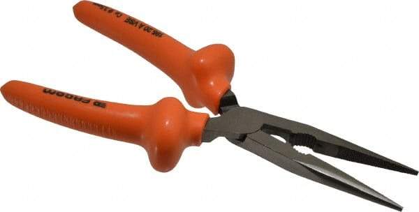 Facom - 8-9/32" OAL, 2-23/32" Jaw Length x 1-3/8" Jaw Width, Long Nose Side Cutting Burnished Insulated Pliers - Serrated Jaw, Half Round Nose Head, Plastic Coated Handles - Americas Tooling