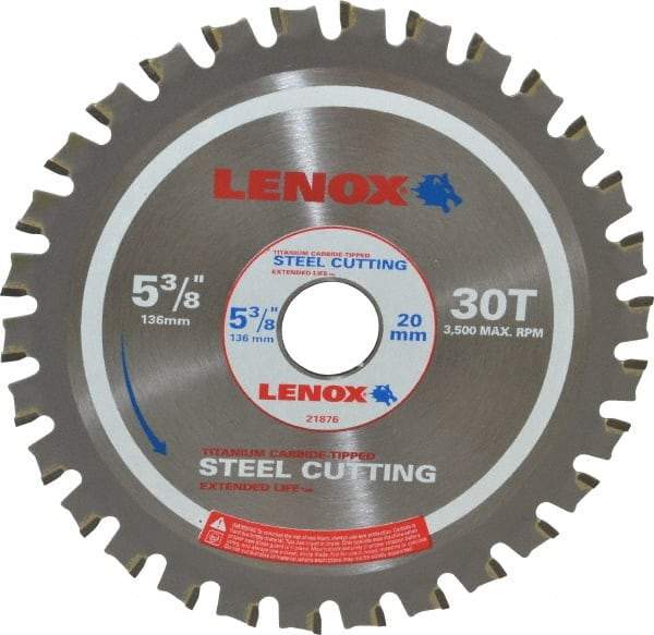 Lenox - 5-3/8" Diam, 20mm Arbor Hole Diam, 30 Tooth Wet & Dry Cut Saw Blade - Titanium Carbide-Tipped, General Purpose Action, Standard Round Arbor - Americas Tooling