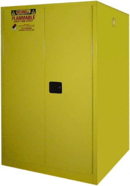 Securall Cabinets - 43" Wide x 31" Deep x 65" High, 18 Gauge Steel Vertical Drum Cabinet with 3 Point Key Lock - Yellow, Manual Closing Door, 1 Shelf, 2 Drums, Drum Rollers Included - Americas Tooling