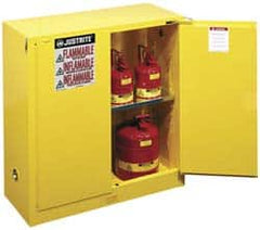 Justrite - 2 Door, 1 Shelf, Yellow Steel Standard Safety Cabinet for Flammable and Combustible Liquids - 44" High x 43" Wide x 18" Deep, Self Closing Door, 3 Point Key Lock, 30 Gal Capacity - Americas Tooling