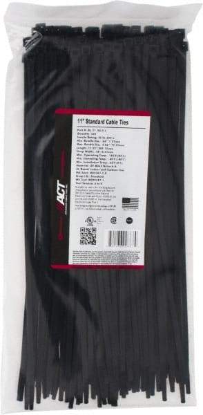 Made in USA - 11-1/4" Long Black Nylon Standard Cable Tie - 50 Lb Tensile Strength, 1.32mm Thick, 77.78mm Max Bundle Diam - Americas Tooling