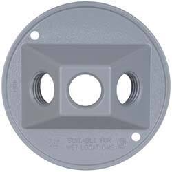 Cooper Crouse-Hinds - 3 Outlet, 1/2" Hole Diam, Powder Coat Finish, Round Noncorrosive Weatherproof Box Cover - 4-1/2" Wide x 9/16" High, Wet Locations, Aluminum, UL Listed - Americas Tooling