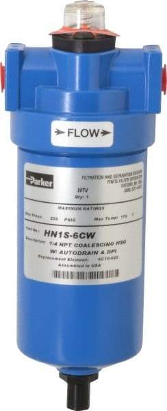 Parker - 1/4" Port, 8.8" High x 3.11" Wide, FRL Filter with Aluminum Bowl & Manual Drain - 15 SCFM, 250 Max psi, 175°F Max - Americas Tooling