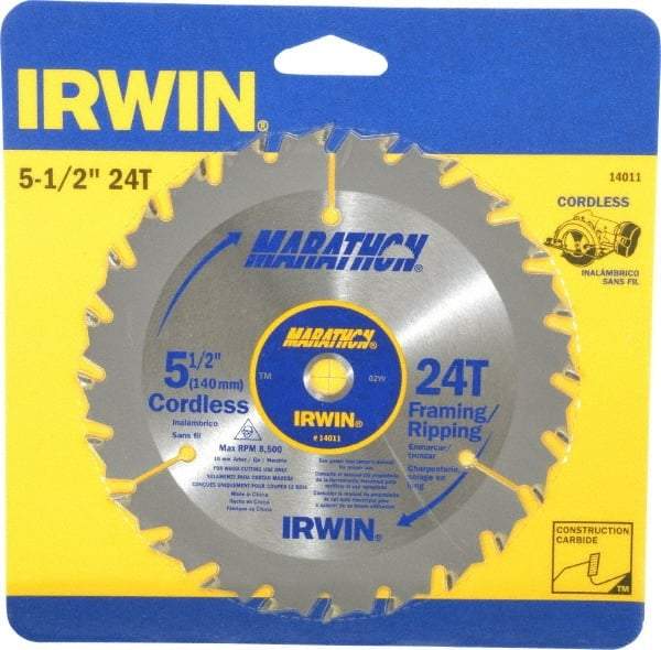 Irwin - 5-1/2" Diam, 10mm Arbor Hole Diam, 24 Tooth Wet & Dry Cut Saw Blade - Carbide-Tipped, Framing & Ripping Action, Standard Round Arbor - Americas Tooling