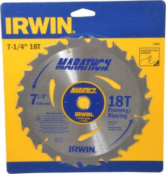 Irwin - 7-1/4" Diam, 5/8" Arbor Hole Diam, 18 Tooth Wet & Dry Cut Saw Blade - Carbide-Tipped, Framing & Ripping Action, Diamond Arbor - Americas Tooling