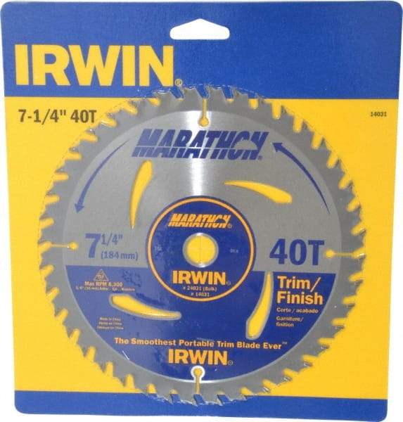 Irwin - 7-1/4" Diam, 5/8" Arbor Hole Diam, 40 Tooth Wet & Dry Cut Saw Blade - Carbide-Tipped, Finishing & Trimming Action, Diamond Arbor - Americas Tooling