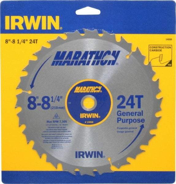 Irwin - 8-1/4" Diam, 5/8" Arbor Hole Diam, 24 Tooth Wet & Dry Cut Saw Blade - Carbide-Tipped, General Purpose Action, Diamond Arbor - Americas Tooling