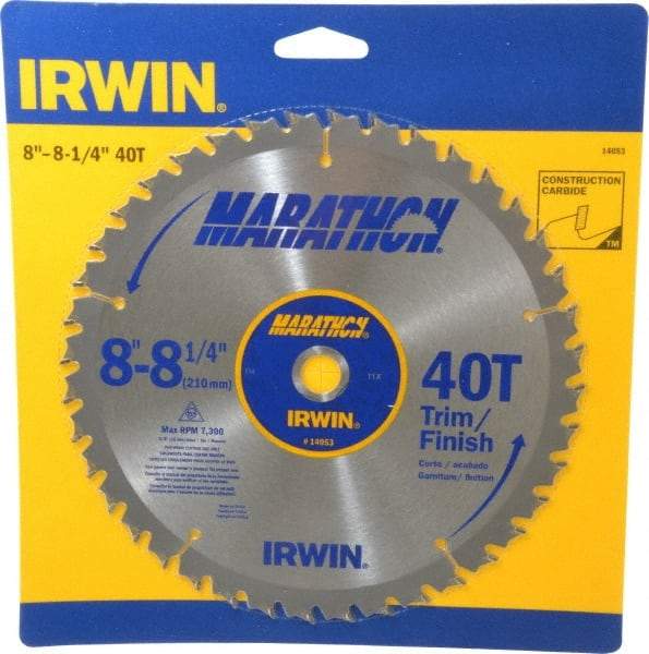 Irwin - 8-1/4" Diam, 5/8" Arbor Hole Diam, 40 Tooth Wet & Dry Cut Saw Blade - Carbide-Tipped, Finishing & Trimming Action, Diamond Arbor - Americas Tooling