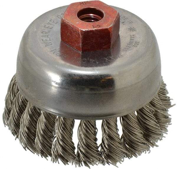 Anderson - 2-3/4" Diam, M10x1.50 Threaded Arbor, Stainless Steel Fill Cup Brush - 0.02 Wire Diam, 3/4" Trim Length, 14,000 Max RPM - Americas Tooling