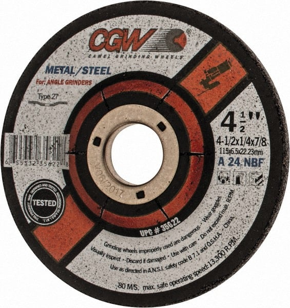 CGW Abrasives - 24 Grit, 4-1/2" Diam x 1/4" Thick x 7/8" Arbor, Type 27 Depressed Center Wheel - Americas Tooling