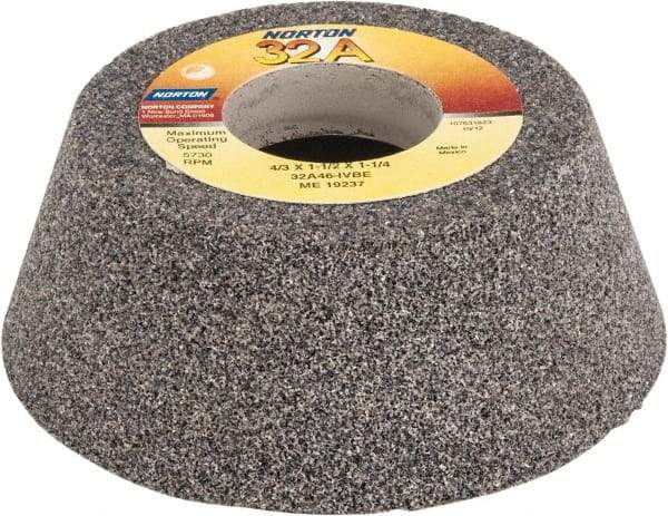 Norton - 4" Diam, 1-1/4" Hole Size, 1-1/2" Overall Thickness, 46 Grit, Type 11 Tool & Cutter Grinding Wheel - Coarse Grade, Aluminum Oxide, I Hardness, Vitrified Bond, 5,730 RPM - Americas Tooling