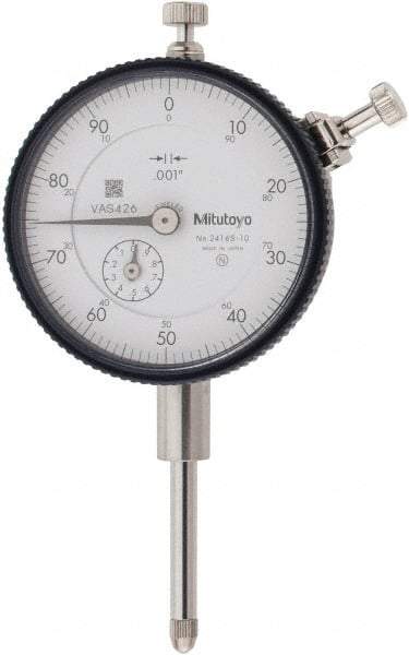 Mitutoyo - 1" Range, 0-100 Dial Reading, 0.001" Graduation Dial Drop Indicator - 2-3/16" Dial, 0.1" Range per Revolution, 0.002" Accuracy, Revolution Counter - Americas Tooling