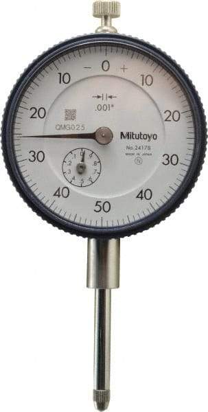 Mitutoyo - 1" Range, 0-50-0 Dial Reading, 0.001" Graduation Dial Drop Indicator - 2-1/4" Dial, 0.1" Range per Revolution, 0.002" Accuracy, Revolution Counter - Americas Tooling