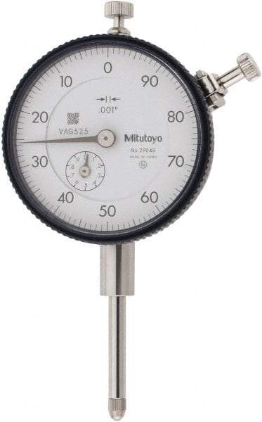 Mitutoyo - 1" Range, 100-0 Dial Reading, 0.001" Graduation Dial Drop Indicator - 2-1/4" Dial, 0.1" Range per Revolution, 0.002" Accuracy, Revolution Counter - Americas Tooling