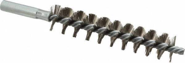 Schaefer Brush - 4" Brush Length, 7/8" Diam, Double Stem, Single Spiral Tube Brush - 6-1/4" Long, Stainless Steel, 12-24 Female Connection - Americas Tooling