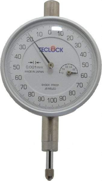 Teclock - 1mm Range, 0-100-0 Dial Reading, 0.001mm Graduation Dial Drop Indicator - 2-13/64" Dial, Revolution Counter - Americas Tooling