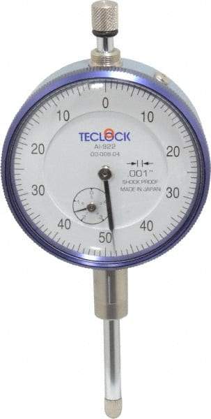 Teclock - 1" Range, 0-50-0 Dial Reading, 0.001" Graduation Dial Drop Indicator - 2-11/64" Dial, 0.1" Range per Revolution, 0.0014" Accuracy, Revolution Counter - Americas Tooling