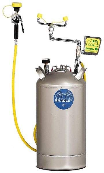 Bradley - 10 Gallon, 0.4 GPM Flow Rate at 30 PSI, Pressurized with Drench Hose Stainless Steel, Portable Eye Wash Station - 15 Min Duration, 25-1/4 Inch High - Americas Tooling