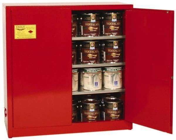 Eagle - 2 Door, 3 Shelf, Red Steel Standard Safety Cabinet for Flammable and Combustible Liquids - 44" High x 43" Wide x 18" Deep, Manual Closing Door, 3 Point Key Lock, 40 Gal Capacity - Americas Tooling